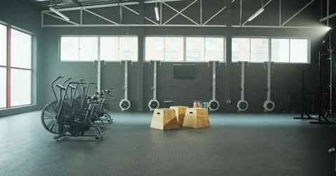 Interior, equipment and bicycle in empty gym for fitness, spin class and sp.. Stock Photos