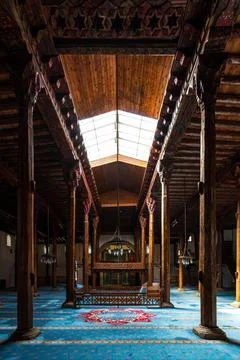 The interior of Esrefoglu Mosque in Konya Beysehir with its wooden columns .. Stock Photos