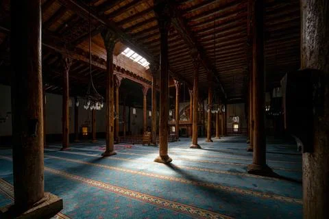 The interior of Esrefoglu Mosque in Konya Beysehir with its wooden columns .. Stock Photos