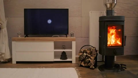 Interior with a fireplace, static view of fireplace burning in living room Stock Footage 155891571