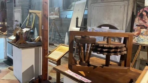 Interior footage of a Leonardo da Vinci exhibition in Venice, Italy, showcasing Video stock 336291450