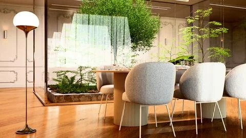 Interior with forest and dining table 3d render Stock Illustration