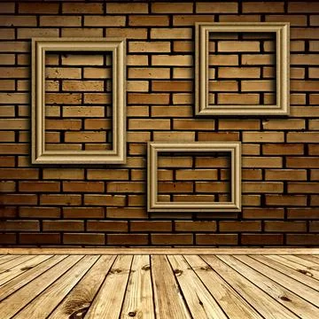 Interior with frames three frames at beige brick wall under wooden floor C... Stock Photos