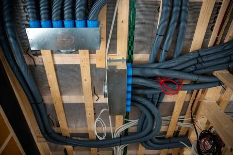 Interior Framework of House Under Construction with Ventilation System Stock Photos