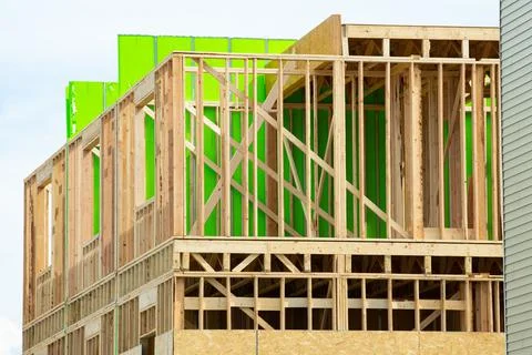 Interior framing of a new house under construction new construction home fram Stock Photos