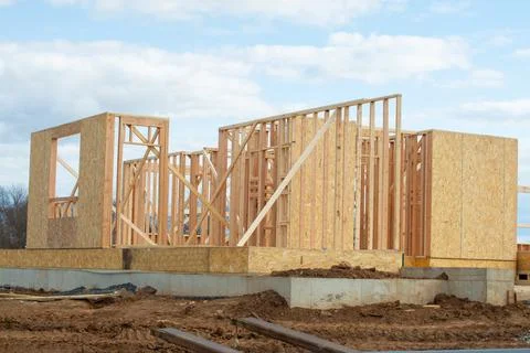 Interior framing of a new house under construction new construction home fram Stock Photos