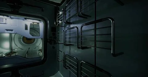 Interior of a futuristic spacecraft with storage compartments visible Ilustración de archivo