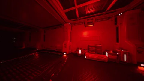 Interior of futuristic spaceship cargo area with reflections and shadows Stock Footage 329171306