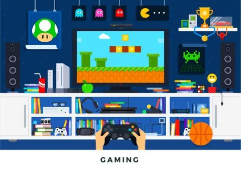 Interior of gamer room. Vector flat illustrations. Modern e-sports concept. Stock Illustration
