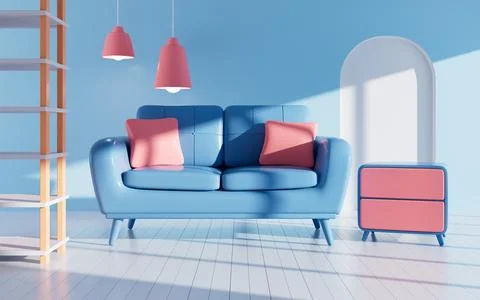 Interior geometric building and sofa model, 3d rendering. Ilustración de archivo