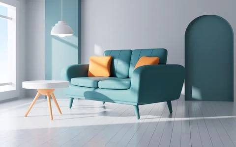 Interior geometric building and sofa model, 3d rendering. Ilustración de archivo