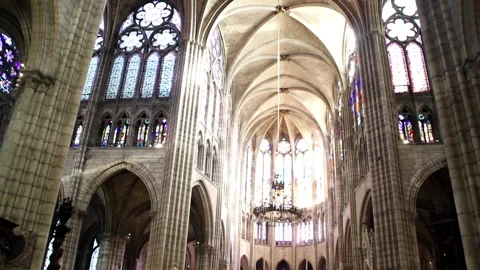 Interior of the gothic basilica of Saint-Denis. Paris Stock Footage 144892136