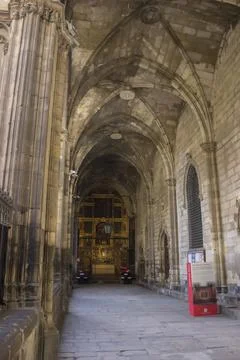 Interior of a gothic castle with a long corridor Stock Photos