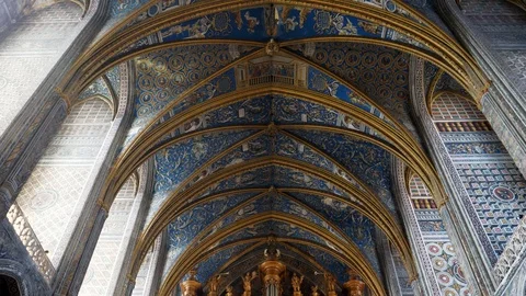 Interior, gothic cathedral Basilica of Saint Cecilia, Albi, France Stock Footage 90082110