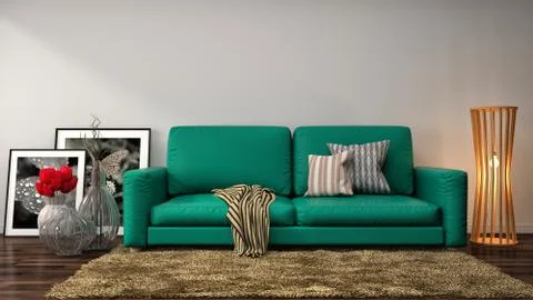 Interior with green sofa. 3d illustration Stock Illustration