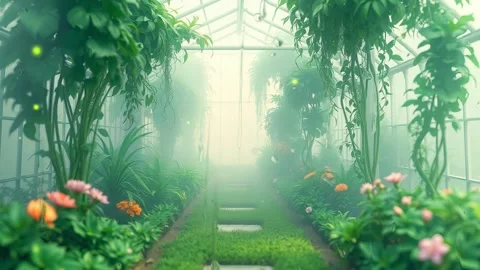 Interior Greenhouse Scene: A Green Path Through Hanging Plants and Abundant Veg Stock Footage 330319649
