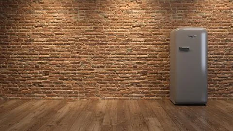 Interior with grey fridge and brick wall 3D illustration Stock Illustration
