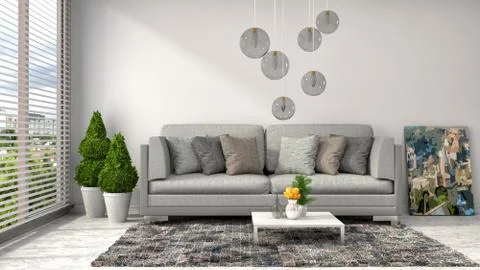Interior with grey sofa. 3d illustration Stock Illustration