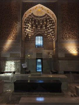 Interior of Gur-e-Amir mausoleum in Samarkand showing ornate muqarnas vault.. Stock Photos