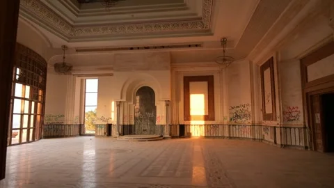 Interior Hall Lobby at Abandoned Palace of Saddam Hussein in Babylon Iraq, Stock Footage 244199152