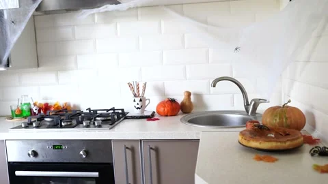 Interior Halloween with pumpkins in the kitchen. Stock Footage 154864555