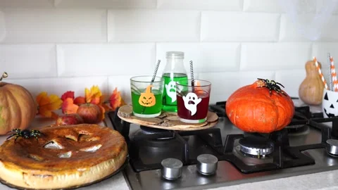 Interior Halloween with pumpkins in the kitchen. Stock Footage 154864576