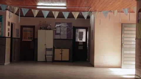 Interior Hallway Of Empty Argentine Public School Decorated With Bunting Stock Footage 345062682