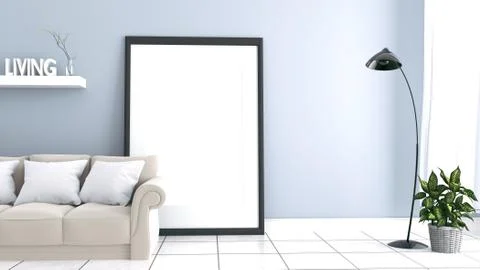Interior has a gray sofa and lamp on empty white wall background,3D rendering Stock Illustration