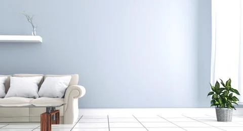 Interior has a gray sofa and lamp on empty white wall background. 3D renderin Stock Illustration