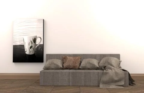 The interior has a sofa and frame on empty white wall background,3D rendering Stock Illustration