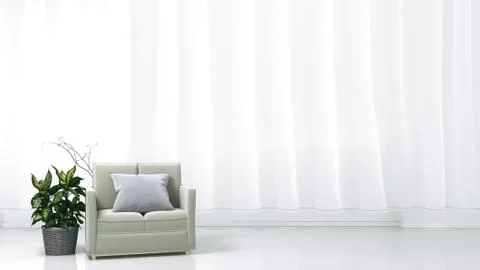 The interior has a sofa and plants on empty white wall background. 3D renderi Stock Illustration
