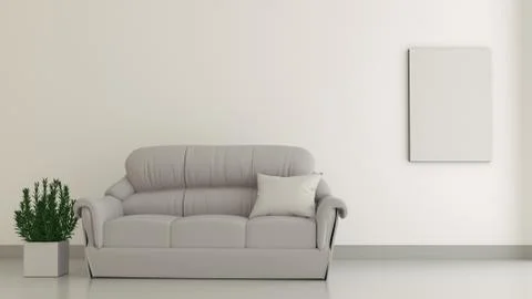 The interior has a sofa on empty white wall background,3D rendering Stock Illustration