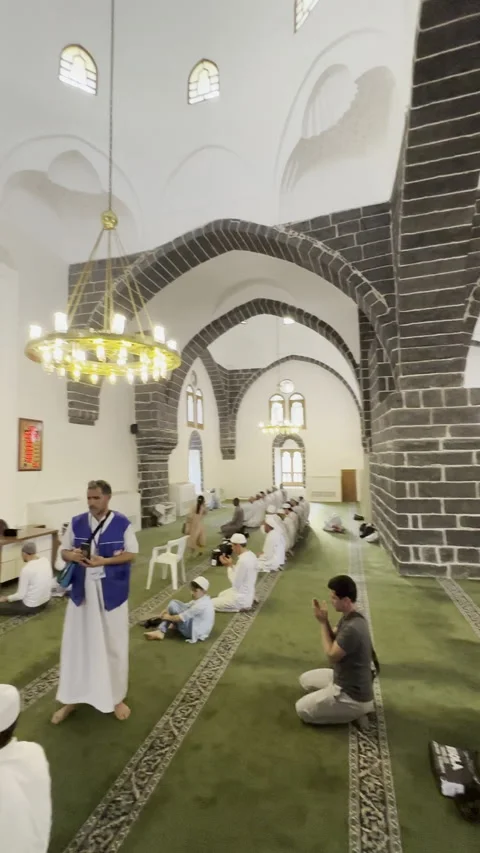 Interior of Historic Mosque with Basalt Stone Arches Stock Footage 332166202