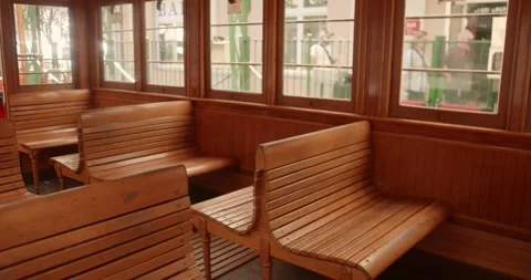 Interior of Historic Sassi-Superga Tramway Wagon with Wooden Benches in Turin Stock Footage 340072322