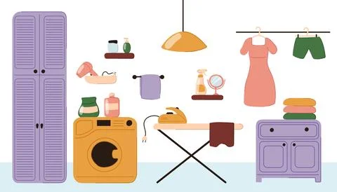 Interior of a home laundry in flat doodle style. Wardrobe, washing machine Stock Illustration