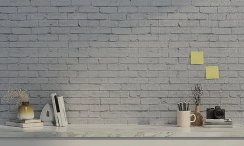 Interior Home office desk workspace on white brick with copy space. Modern Stock Illustration