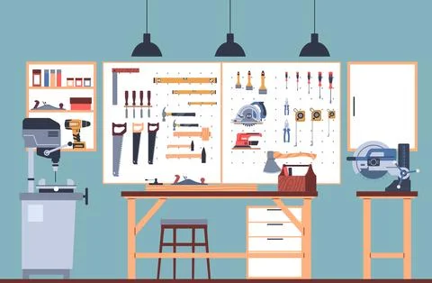 Interior of home workshop with tools, work table and special machines. Different Stock Illustration