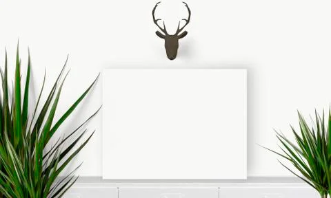 Interior horizontal rectangular poster mockup standing on the table with plan Stock Photos