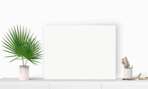 Interior horizontal rectangular poster mockup standing on the table with plan Stock Photos