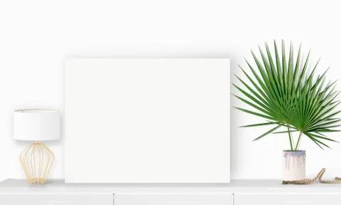 Interior horizontal rectangular poster mockup standing on the table with plan Stock Photos