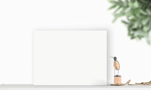 Interior horizontal rectangular poster mockup standing on the table with plan Stock Photos