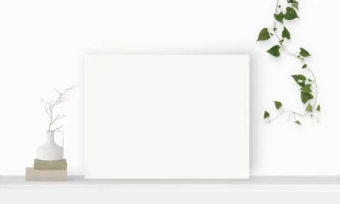 Interior horizontal rectangular poster mockup standing on the table with plan Stock Photos