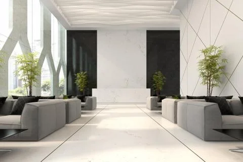 Interior of hotel and spa reception 3D illustration Stock Illustration