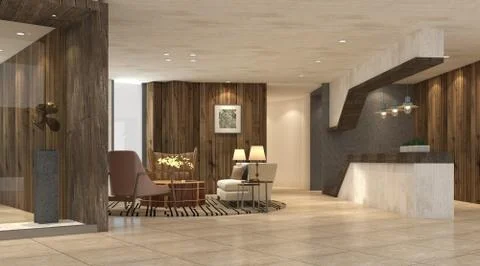 Interior of hotel reception hall 3D illustration Stock Illustration