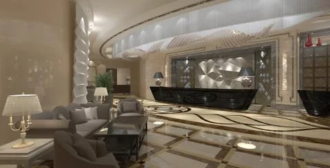 Interior of hotel reception hall 3D illustration Иллюстрация
