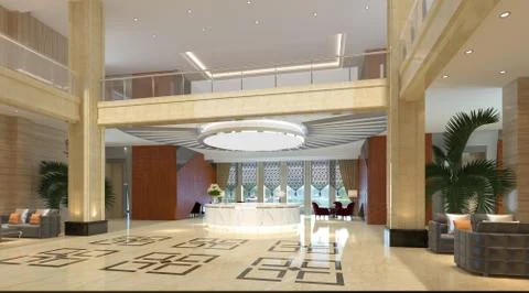 Interior of hotel reception hall 3D illustration Illustrazione stock