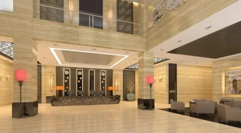 Interior of hotel reception hall 3D illustration 스톡 일러스트