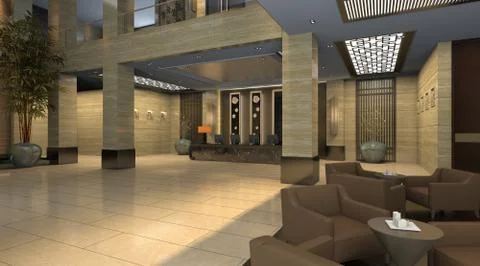 Interior of hotel reception hall 3D illustration Illustration