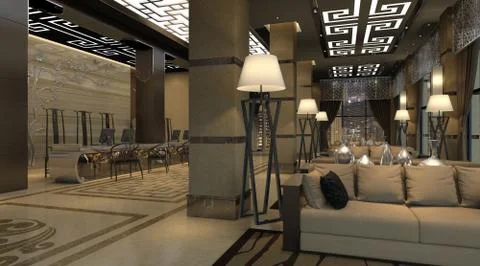 Interior of hotel reception hall 3D illustration Stock Illustration