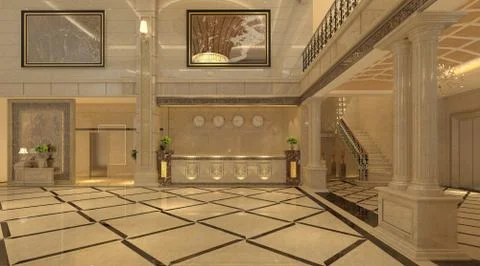 Interior of hotel reception hall 3D illustration Stock Illustration